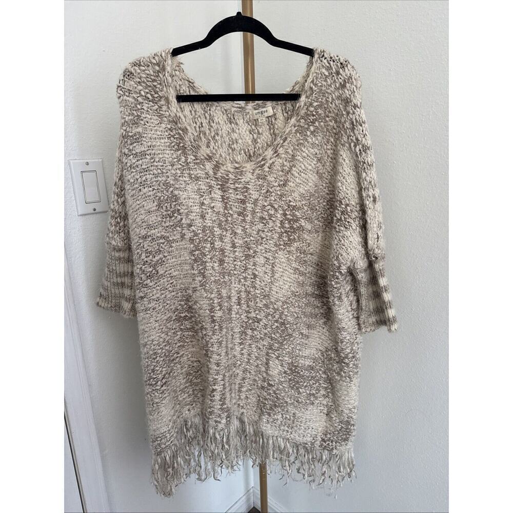 Umgee Cream Mocha Fringe Chunky Fuzzy Cozy Knit Sweater Size M/L - Picture 1 of 6
